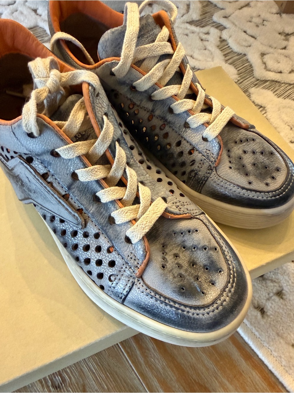 A.S.98 Perforated Leather Lace-Up Sneakers in Blue and Tan